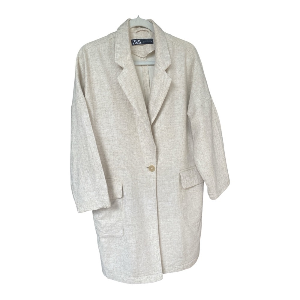 Zara Linen Blend Long Blazer Coat Oatmeal Oversized Dolman Sleeve SKU351 - Picture 3 of 9